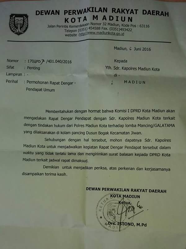 Surat permohonan Dengar Pendapat DPRD. (foto: Grup Mancing MMM)