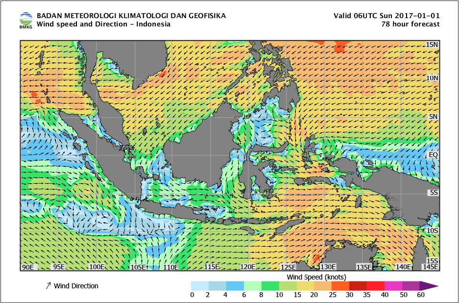 Kecepatan dan arah angin laut Indonesia 1 Januari 2017