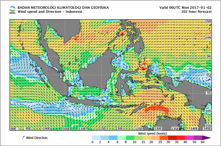 Kecepatan dan arah angin laut Indonesia 2 Januari 2017