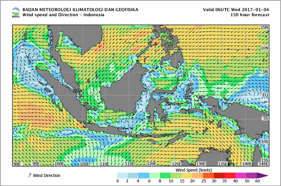Kecepatan dan arah angin laut Indonesia 4 Januari 2017
