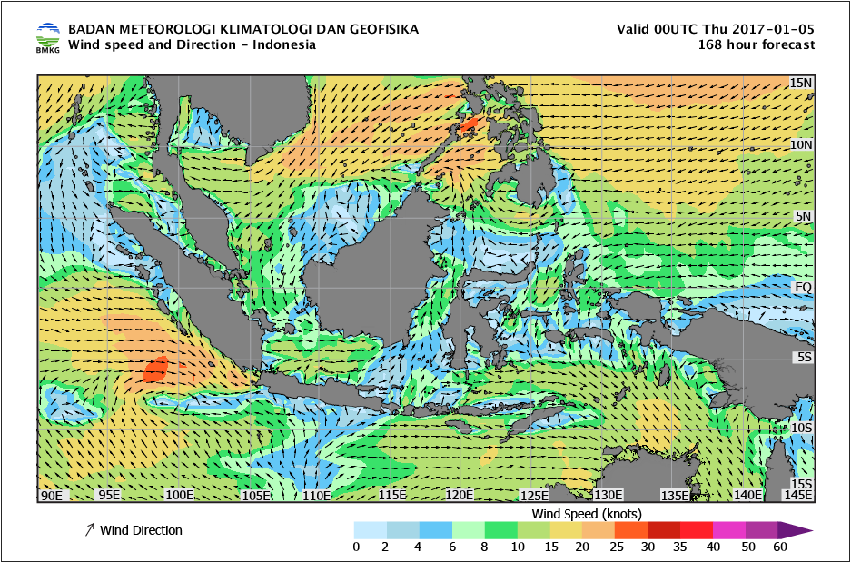 Kecepatan dan arah angin laut Indonesia 5 Januari 2017
