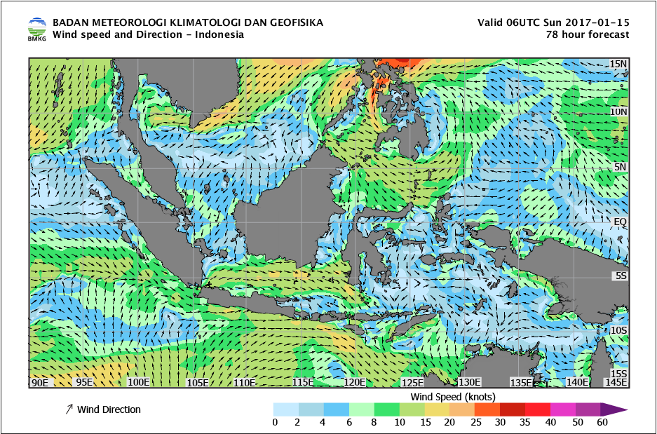 Kecepatan dan arah angin laut Indonesia 15 Januari 2017