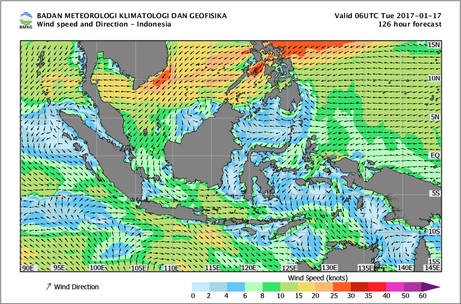 Kecepatan dan arah angin laut Indonesia 17 Januari 2017