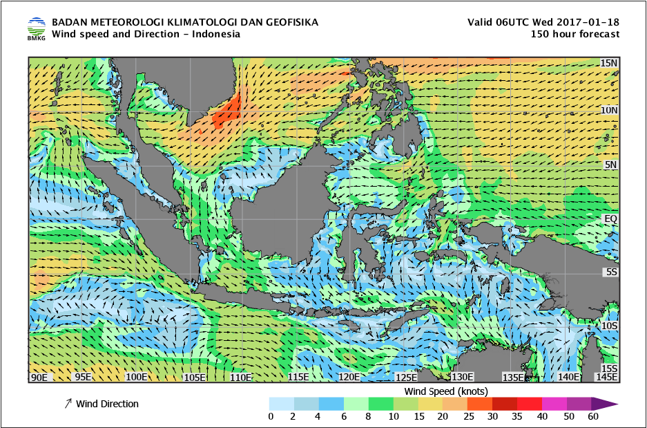 Kecepatan dan arah angin laut Indonesia 18 Januari 2017
