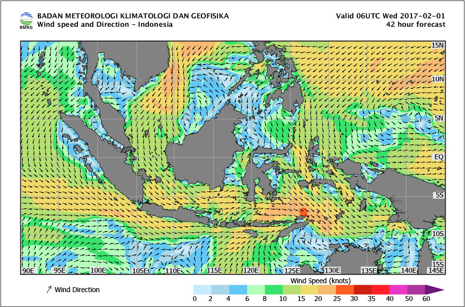 Kecepatan dan arah angin laut Indonesia tanggal 1 Februari 2017