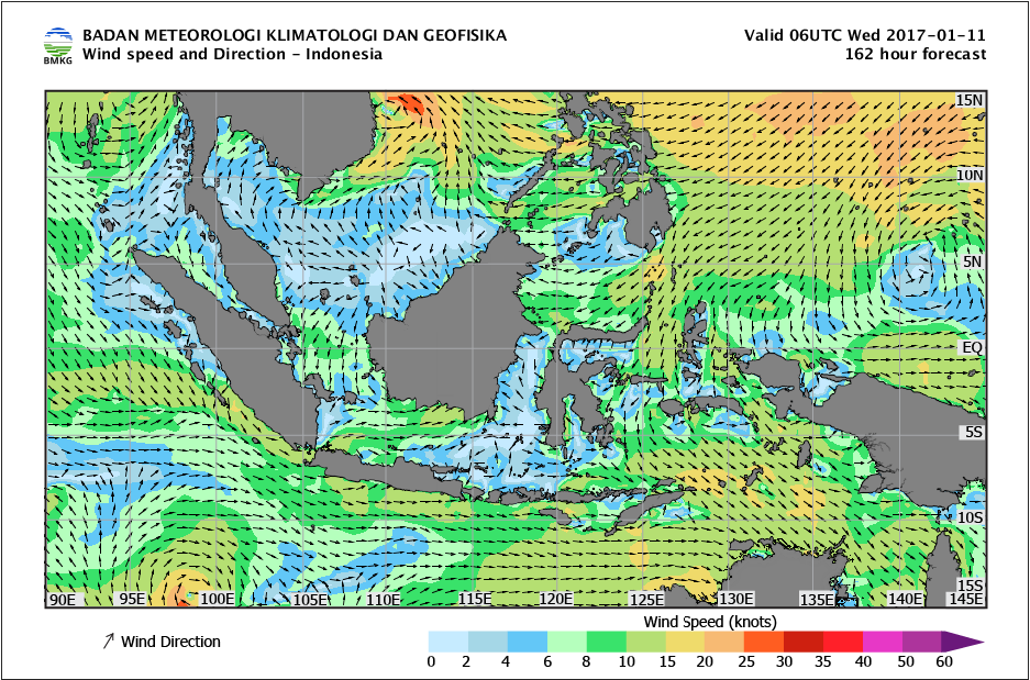 Kecepatan dan arah angin laut Indonesia tanggal 11 Januari 2017