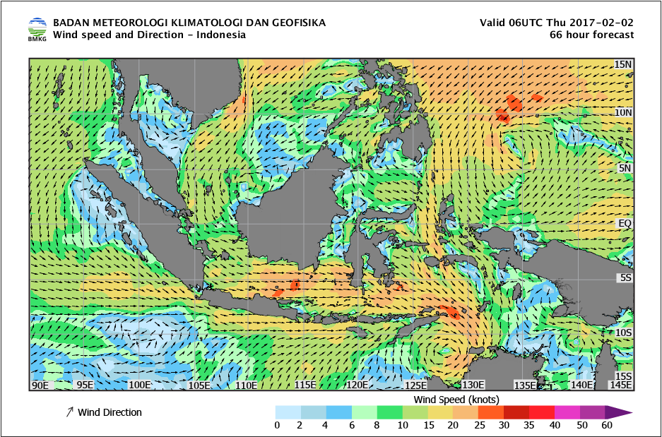 Kecepatan dan arah angin laut Indonesia tanggal 2 Februari 2017