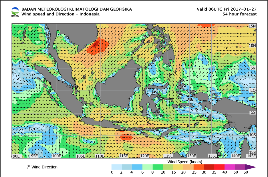 Kecepatan dan arah angin laut Indonesia tanggal 27 Januari 2017