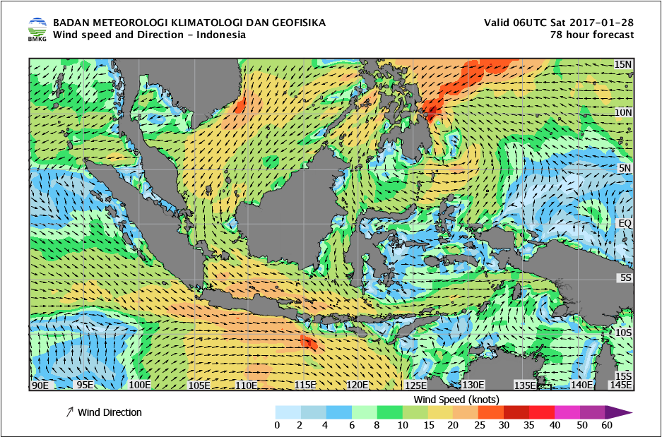 Kecepatan dan arah angin laut Indonesia tanggal 28 Januari 2017