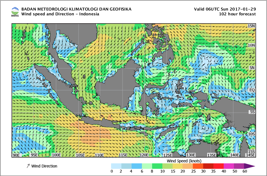 Kecepatan dan arah angin laut Indonesia tanggal 29 Januari 2017