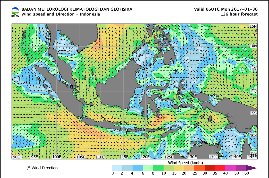 Kecepatan dan arah angin laut Indonesia tanggal 30 Januari 2017
