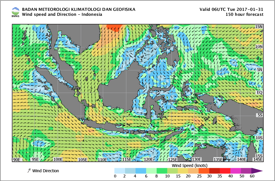 Kecepatan dan arah angin laut Indonesia tanggal 31 Januari 2017