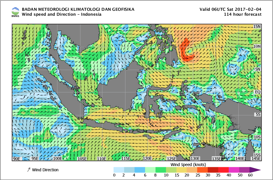 Kecepatan dan arah angin laut Indonesia tanggal 4 Februari 2017