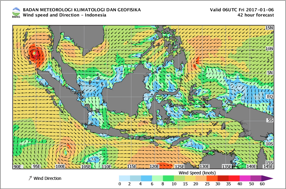 Kecepatan dan arah angin laut Indonesia tanggal 6 Januari 2017