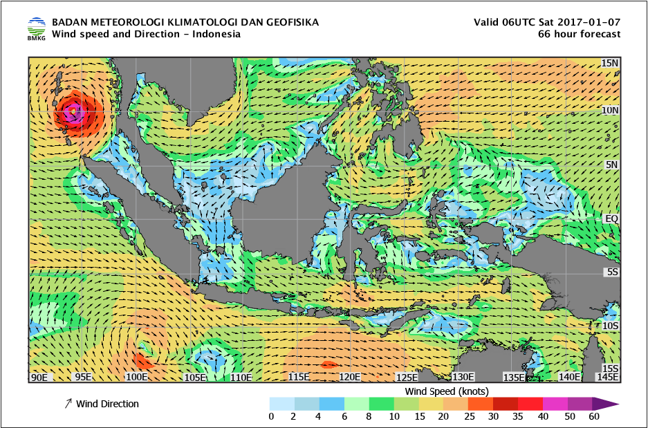 Kecepatan dan arah angin laut Indonesia tanggal 7 Januari 2017