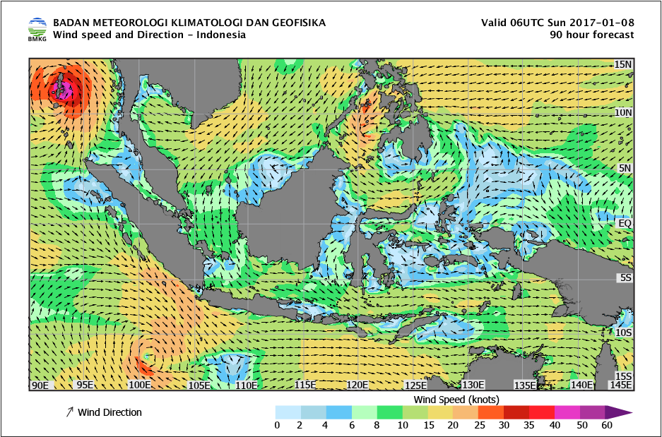 Kecepatan dan arah angin laut Indonesia tanggal 8 Januari 2017