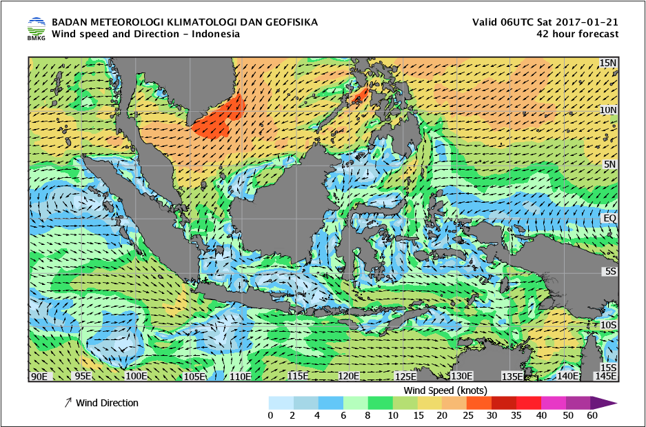Kekuatan dan arah angin laut Indonesia tanggal 21 Januari 2017
