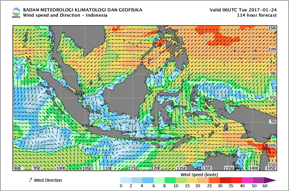 Kekuatan dan arah angin laut Indonesia tanggal 24 Januari 2017