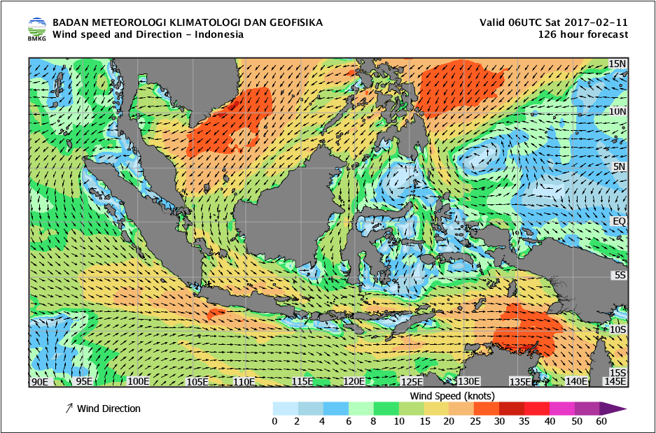 Kecepatan dan arah angin laut Indonesia tanggal 11 Februari 2017