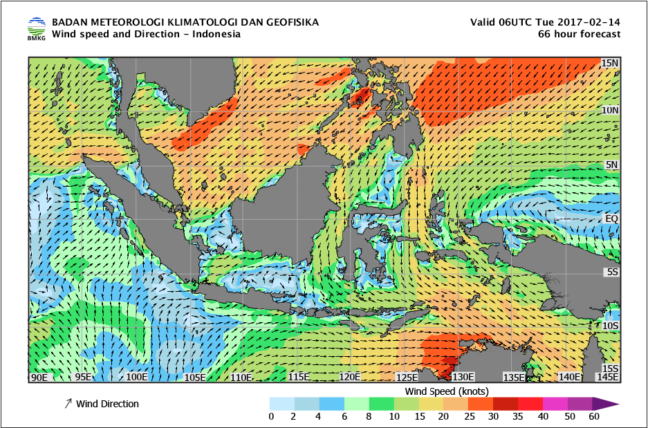 Kecepatan dan arah angin laut Indonesia tanggal 14 Februari 2017