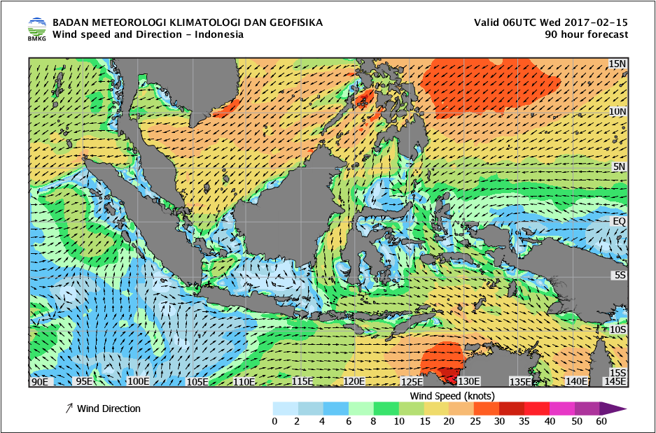 Kecepatan dan arah angin laut Indonesia tanggal 15 Februari 2017