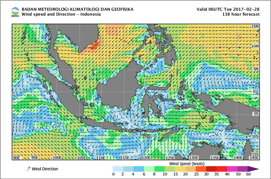 Kecepatan dan arah angin laut Indonesia tanggal 28 Februari 2017