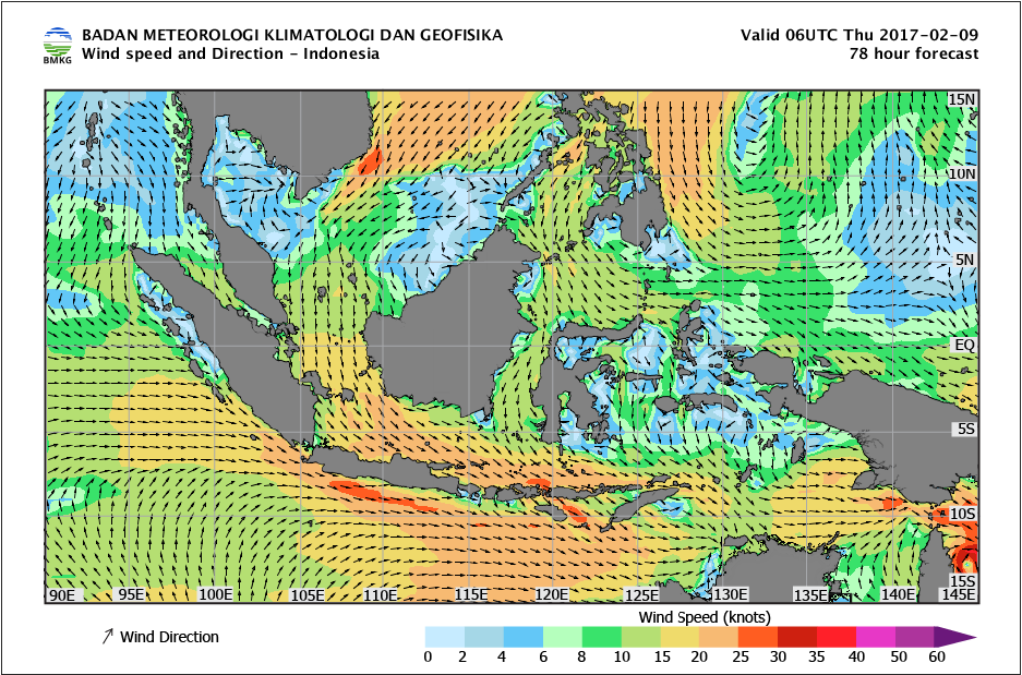 Kecepatan dan arah angin laut Indonesia tanggal 9 Februari 2017