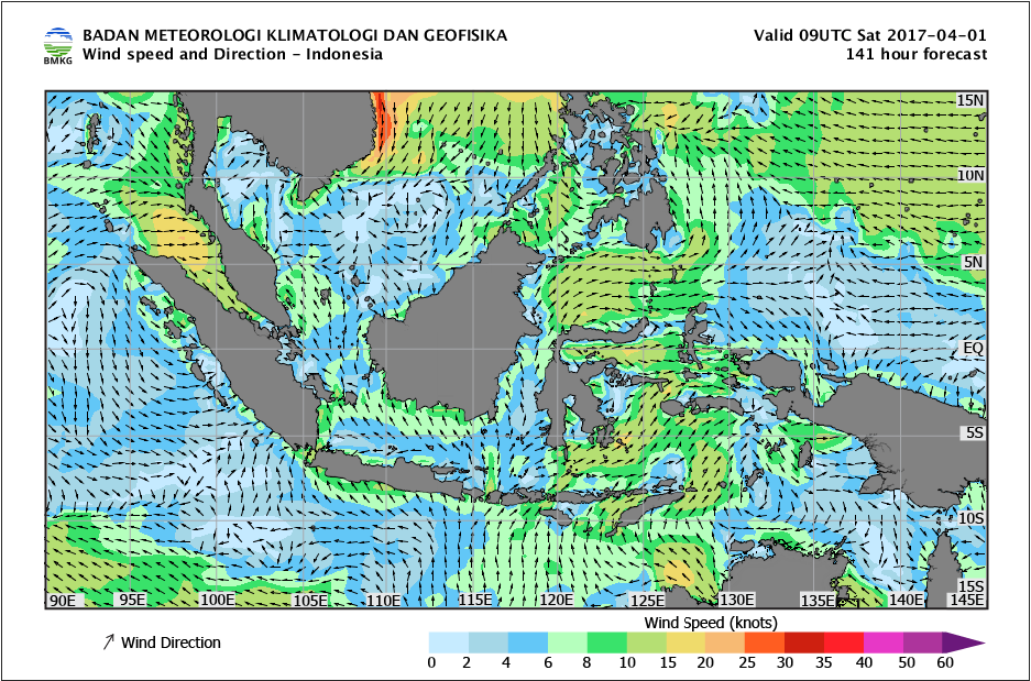 Kecepatan dan arah angin laut Indonesia tanggal 1 April 2017