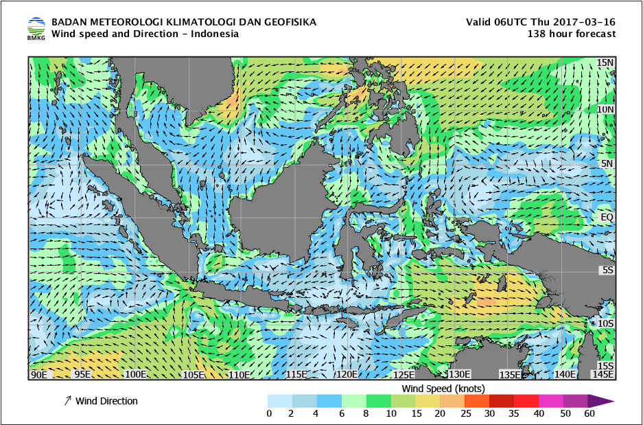 Kecepatan dan arah angin laut Indonesia tanggal 16 Maret 2017