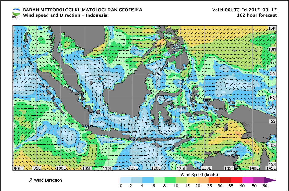 Kecepatan dan arah angin laut Indonesia tanggal 17 Maret 2017
