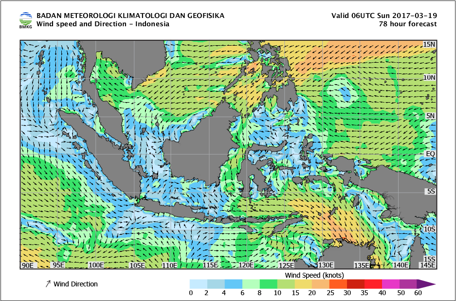 Kecepatan dan arah angin laut Indonesia tanggal 19 Maret 2017