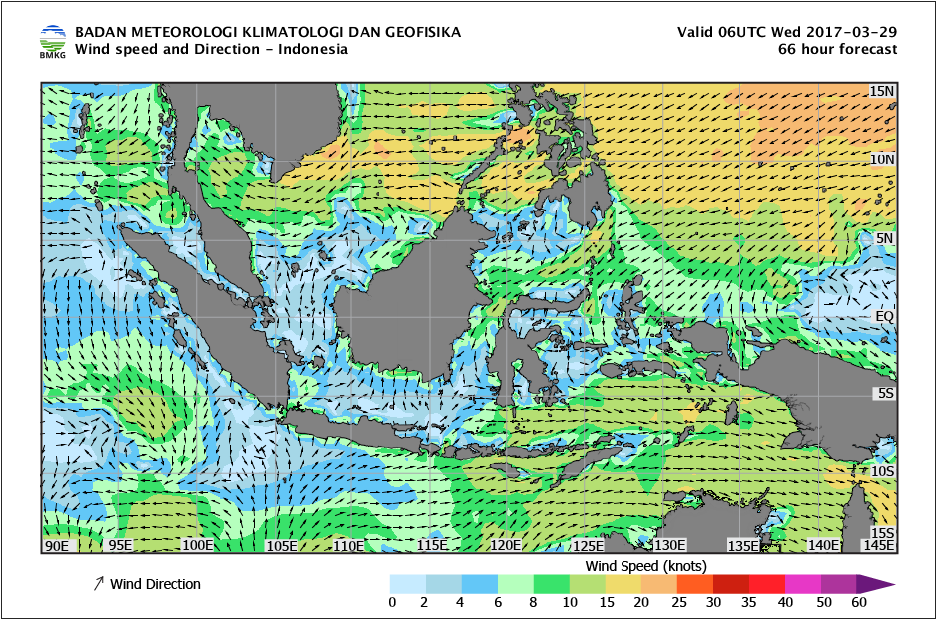 Kecepatan dan arah angin laut Indonesia tanggal 29 Maret 2017