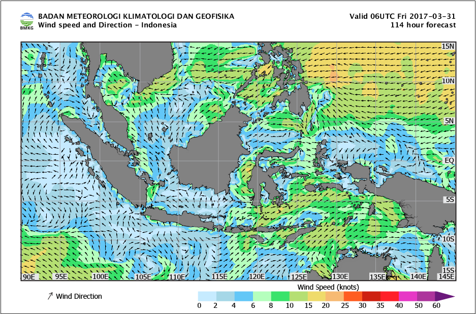 Kecepatan dan arah angin laut Indonesia tanggal 31 Maret 2017