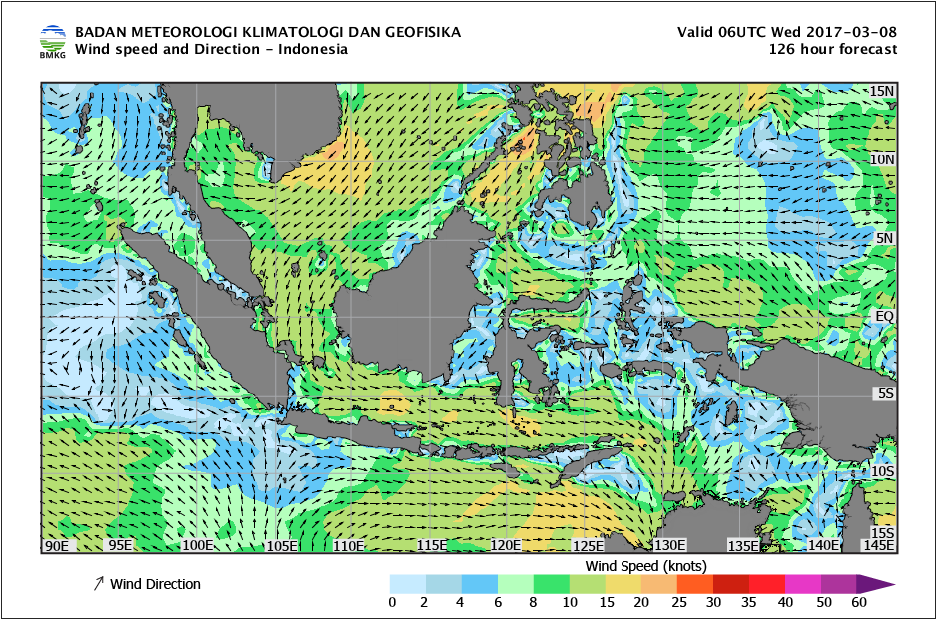 Kecepatan dan arah angin laut Indonesia tanggal 8 Maret 2017