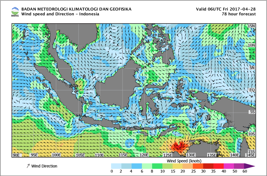 Kecepatan dan arah angin laut Indonesia tanggal 28 April 2017