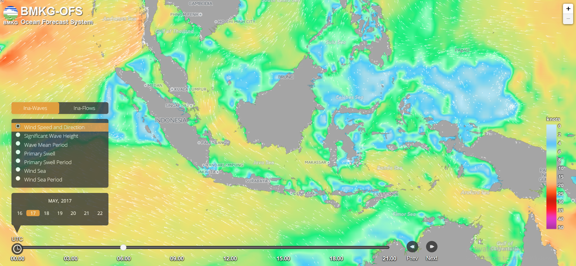 Kecepatan dan arah angin laut Indonesia tanggal 17 Mei 2017