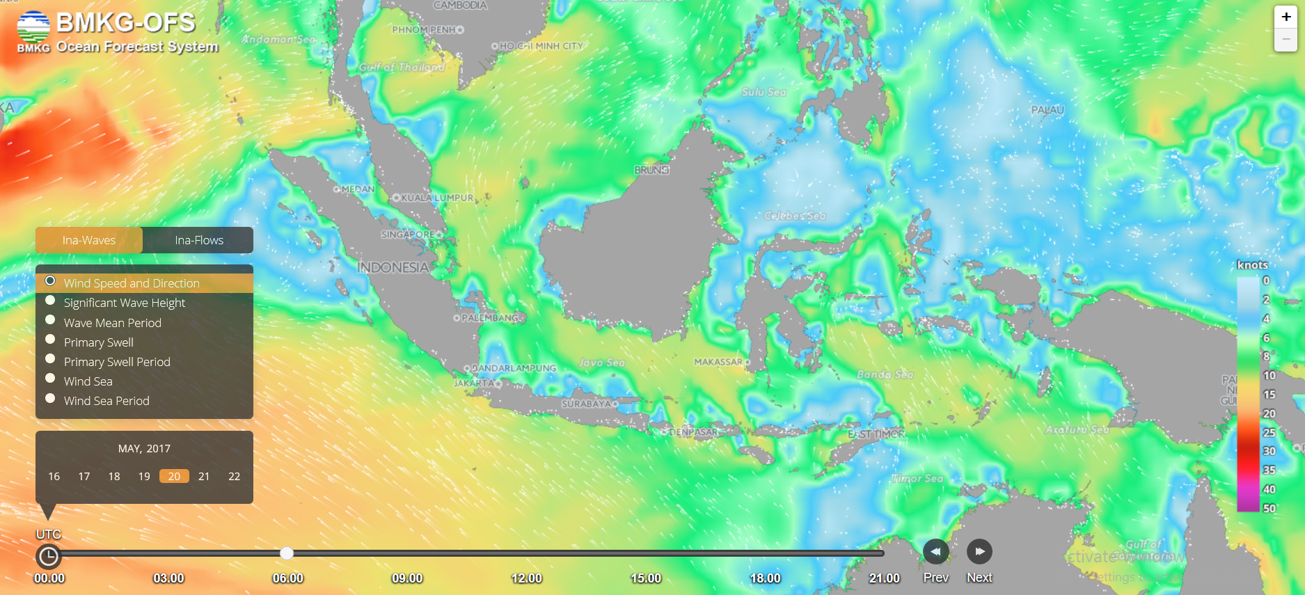 Kecepatan dan arah angin laut Indonesia tanggal 20 Mei 2017