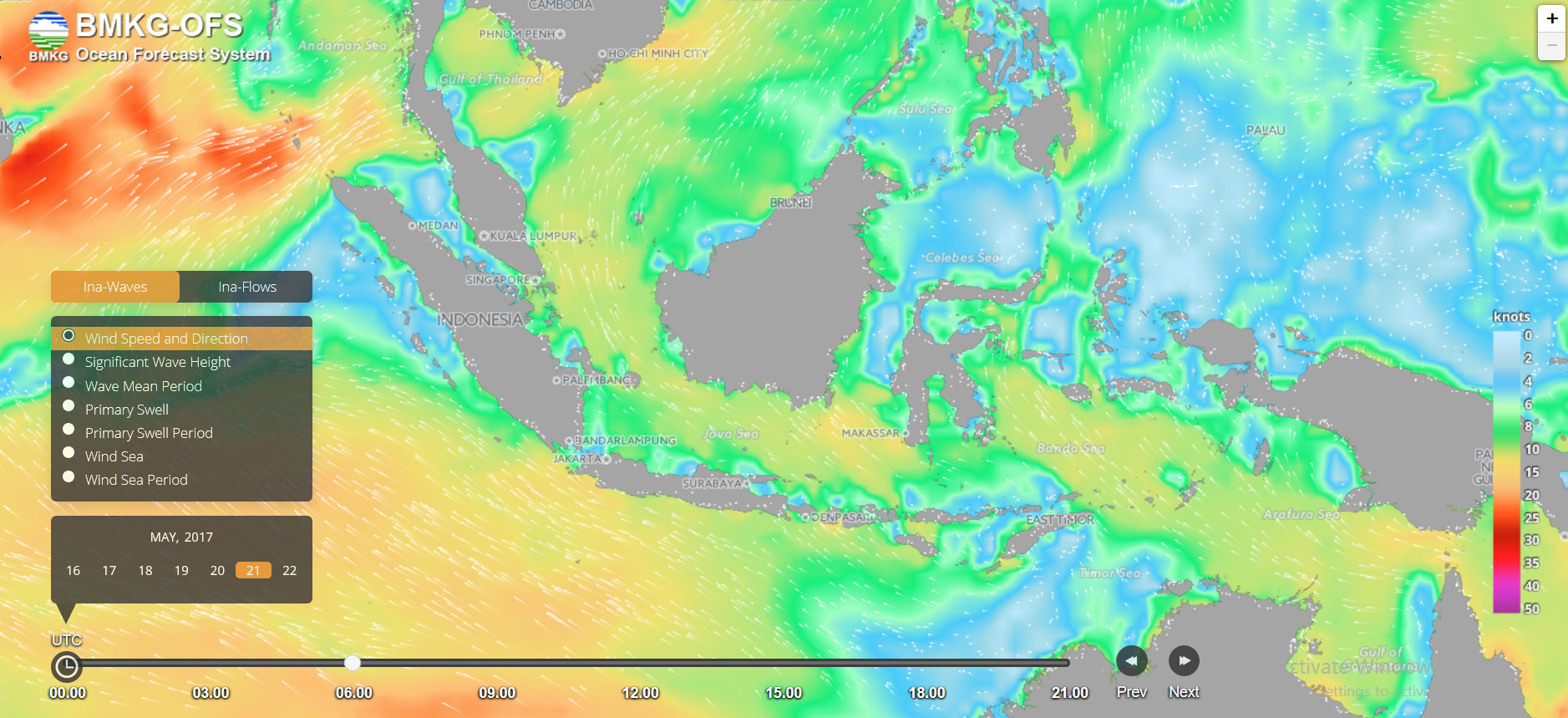 Kecepatan dan arah angin laut Indonesia tanggal 21 Mei 2017