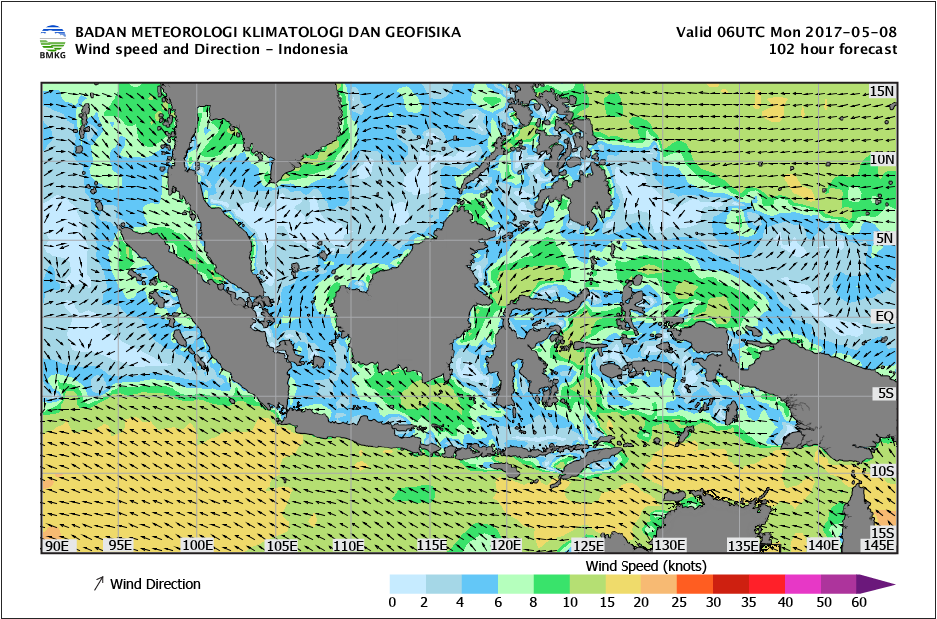 Kecepatan dan arah angin laut Indonesia tanggal 8 Mei 2017